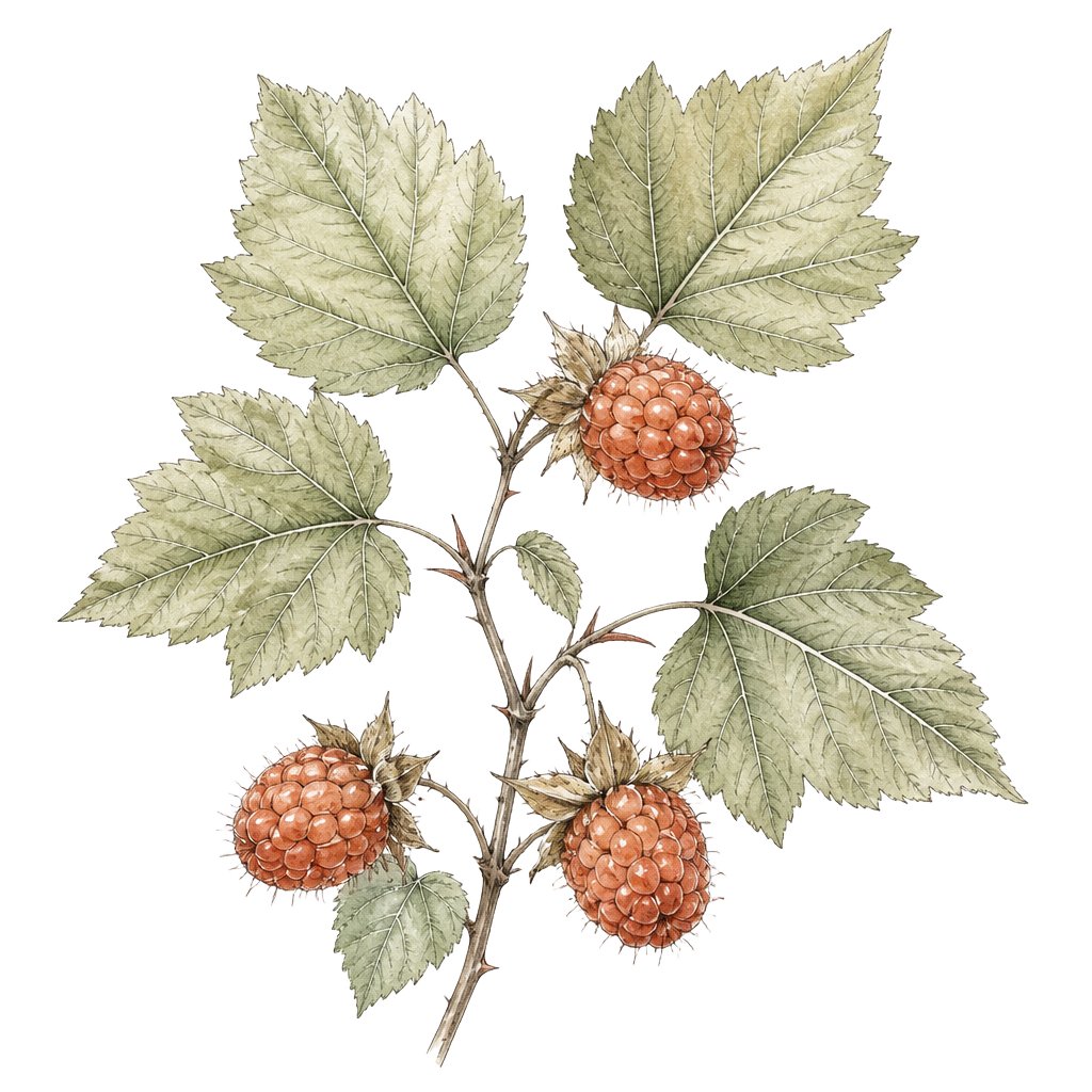 Botanical illustration of a salmonberry branch
